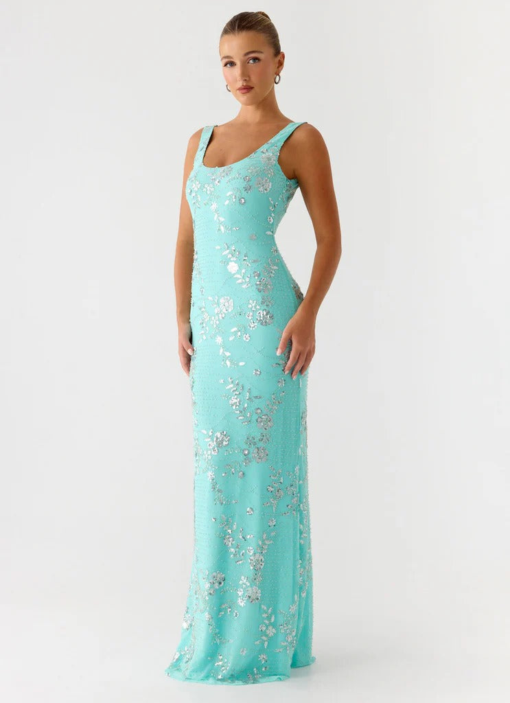 Prom Dress Turquoise Sleeveless Maxi Dress With Floral Sequin Embroidery Low Open Back Formal Evening Party Gown