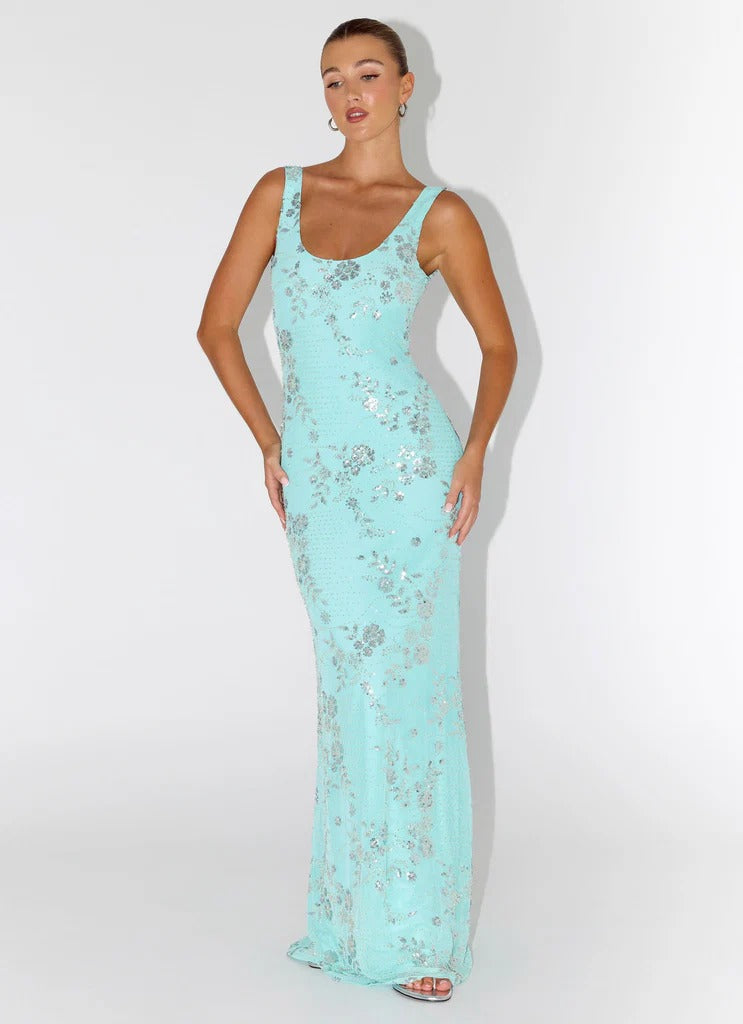 Prom Dress Turquoise Sleeveless Maxi Dress With Floral Sequin Embroidery Low Open Back Formal Evening Party Gown