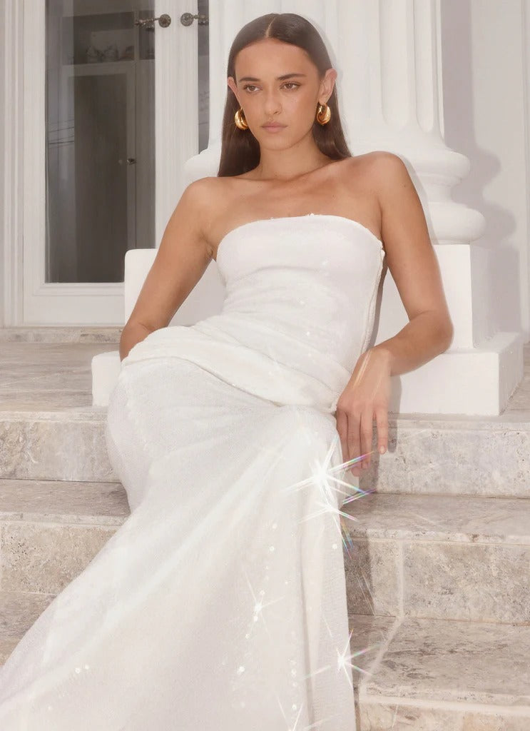 Prom Dress White Strapless Maxi Dress With Sequin Embellished Ruched Waist Open Back Formal Evening Party Gown
