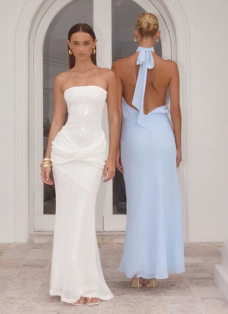 Prom Dress White Strapless Maxi Dress With Sequin Embellished Ruched Waist Open Back Formal Evening Party Gown