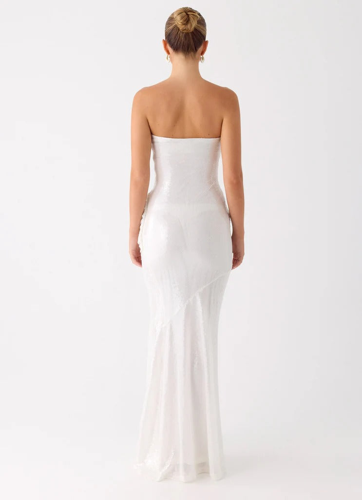 Prom Dress White Strapless Maxi Dress With Sequin Embellished Ruched Waist Open Back Formal Evening Party Gown