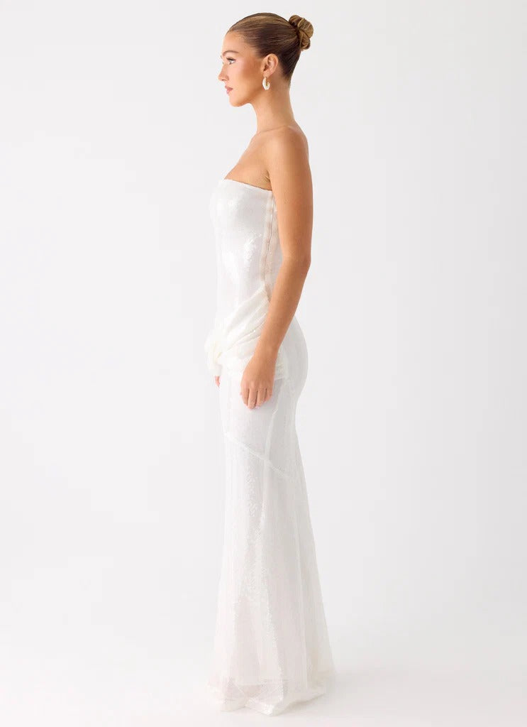 Prom Dress White Strapless Maxi Dress With Sequin Embellished Ruched Waist Open Back Formal Evening Party Gown