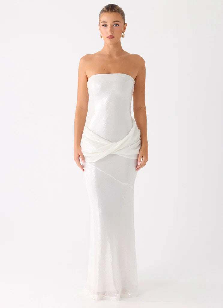 Prom Dress White Strapless Maxi Dress With Sequin Embellished Ruched Waist Open Back Formal Evening Party Gown