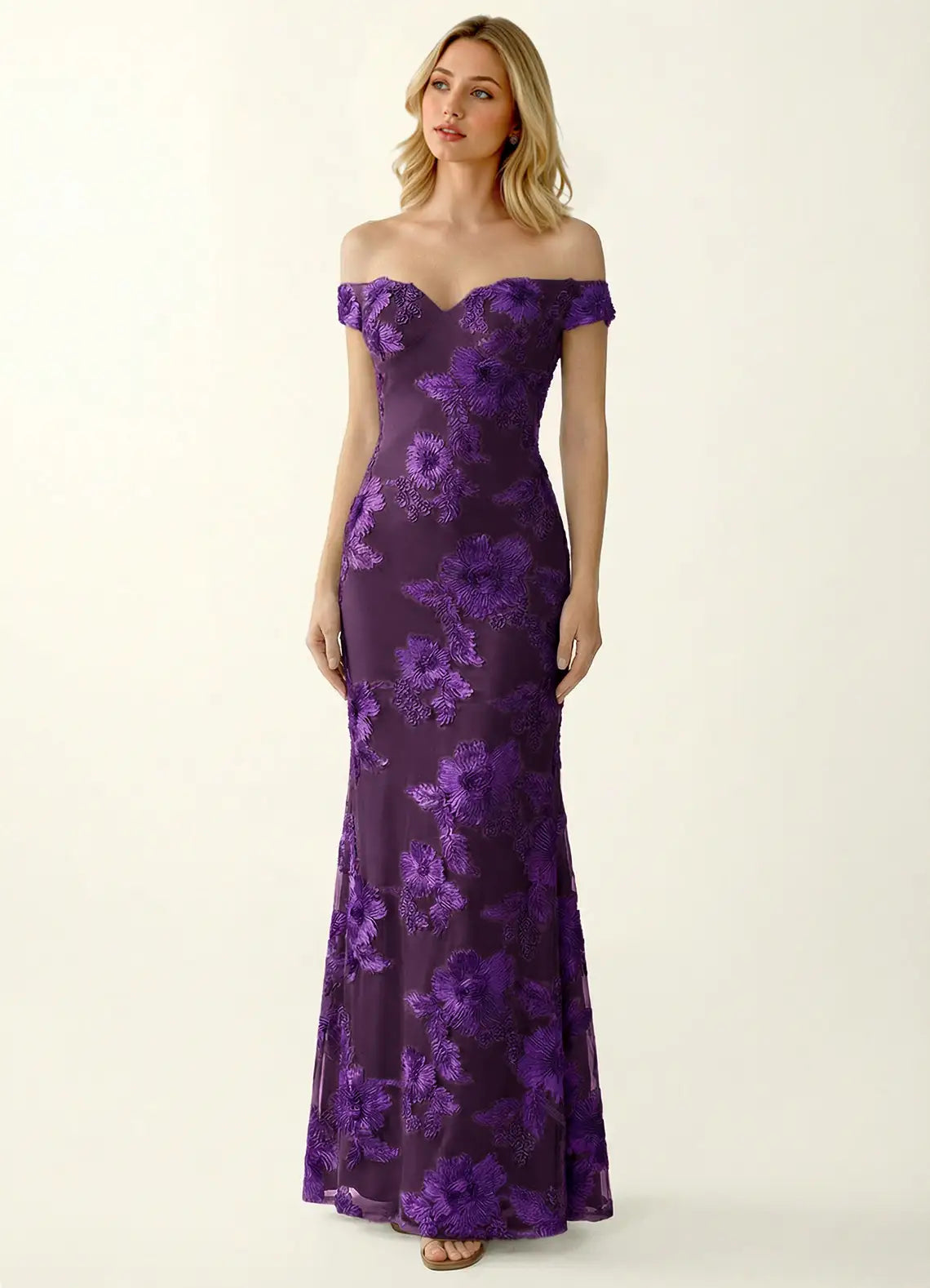 Purple Off Shoulder Prom Dress With Sweetheart Neck Floral Appliques And Mermaid Formal Prom Dress