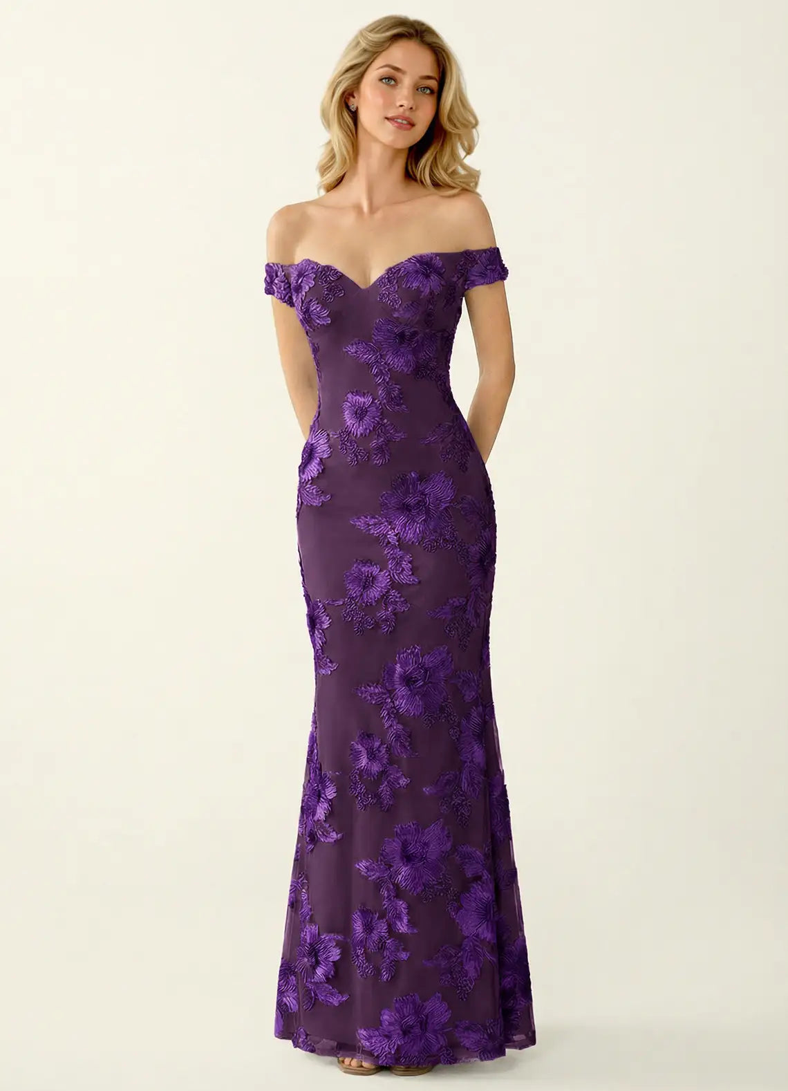 Purple Off Shoulder Prom Dress With Sweetheart Neck Floral Appliques And Mermaid Formal Prom Dress