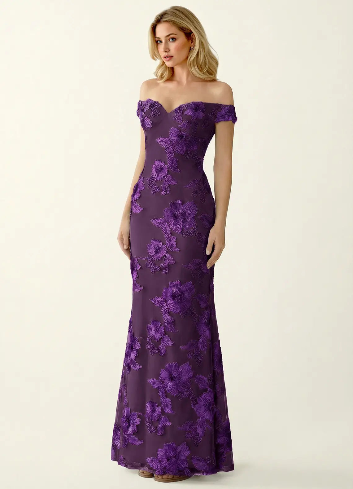 Purple Off Shoulder Prom Dress With Sweetheart Neck Floral Appliques And Mermaid Formal Prom Dress