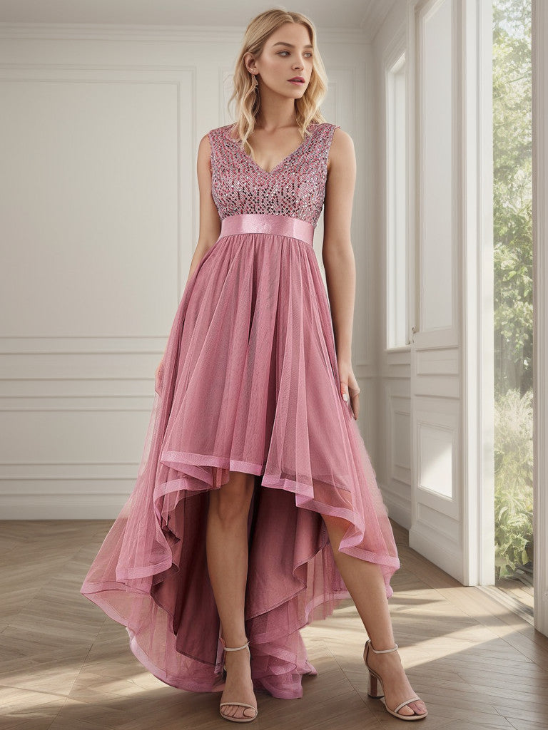 Ärmelloses Abendkleid aus Tüll mit Paillettenband in der Taille und hohem Schlitz
