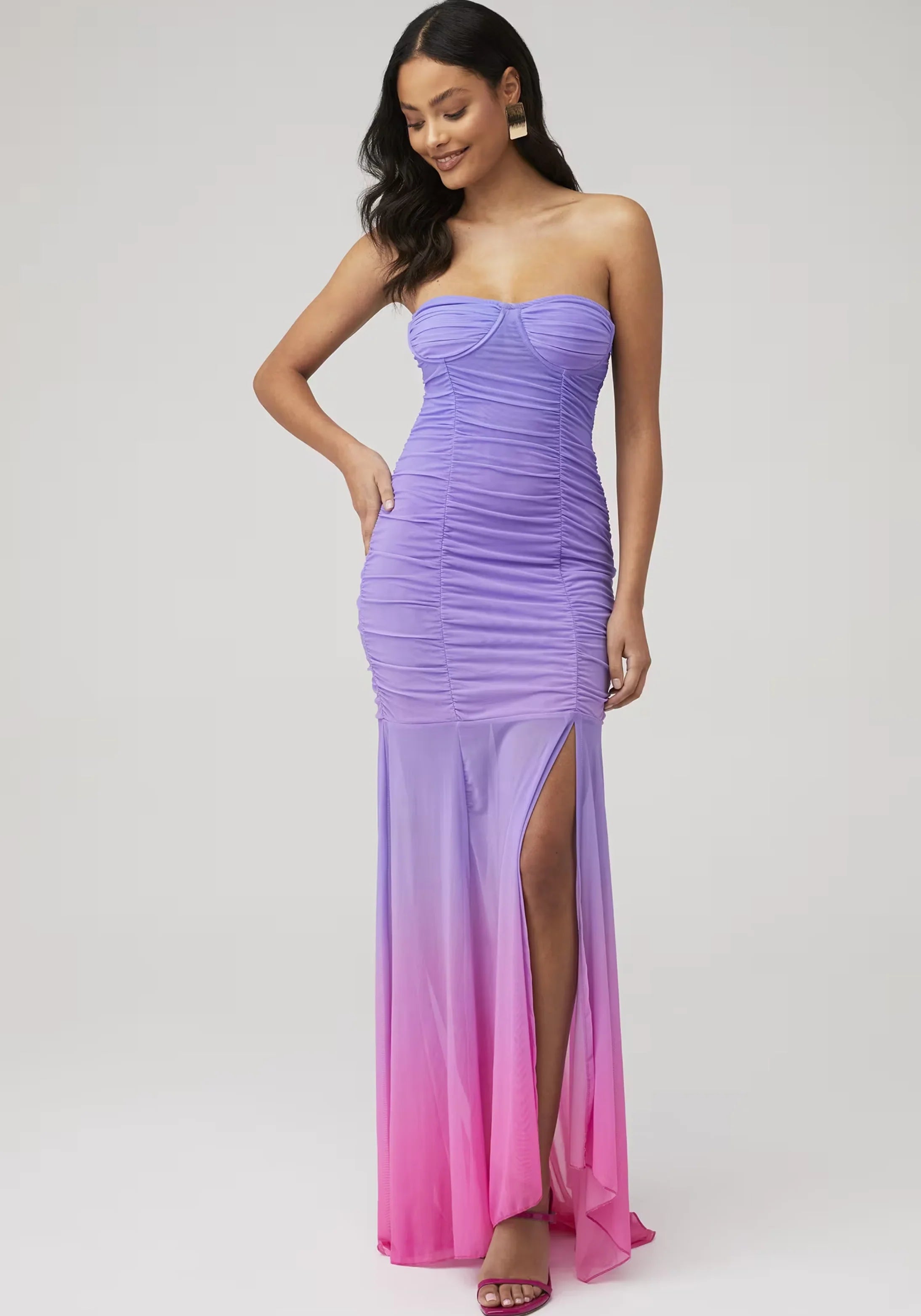 Purple Pink Ombre Strapless Ruched Mesh High Slit Mermaid Floor Length Prom Dress