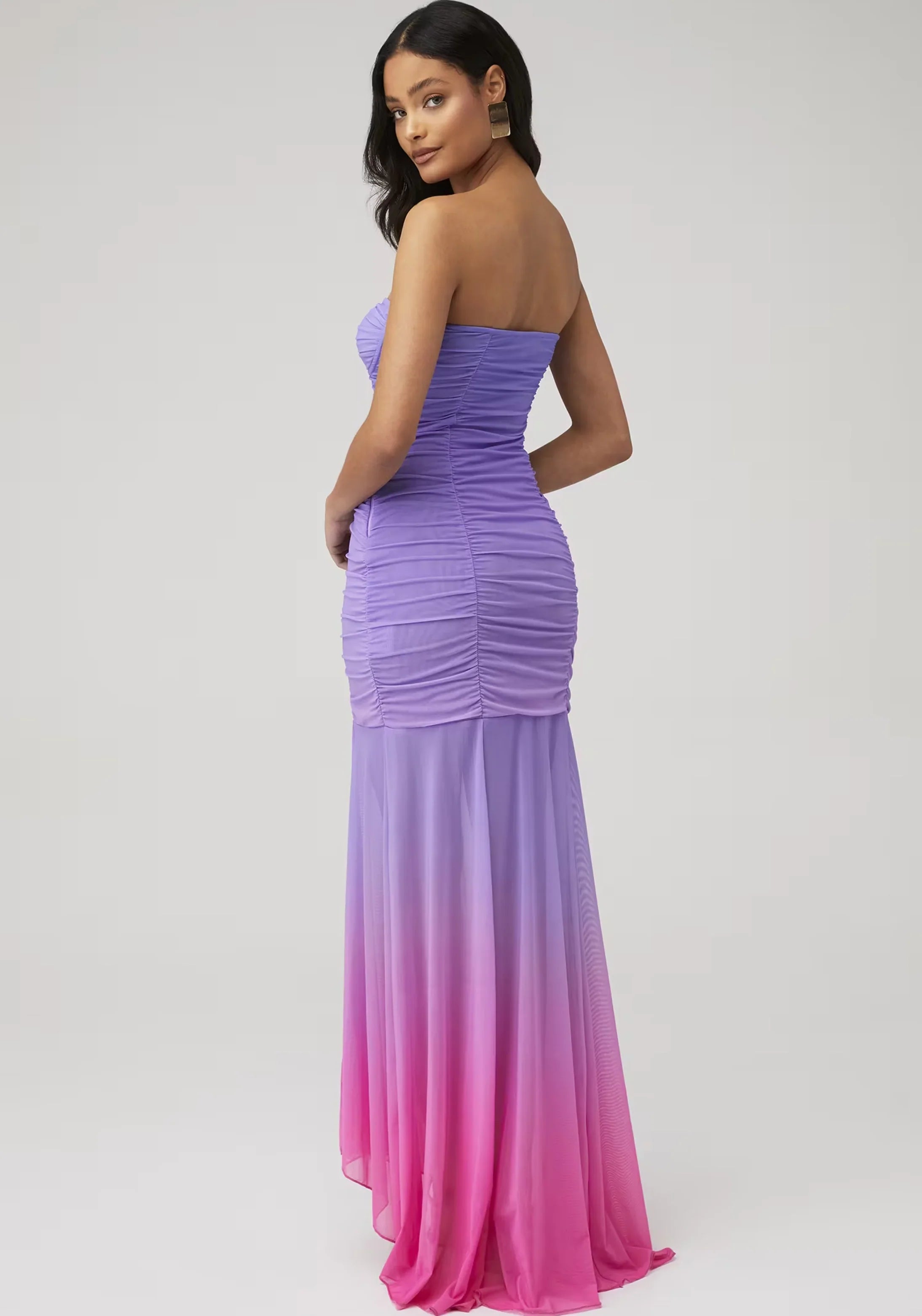 Purple Pink Ombre Strapless Ruched Mesh High Slit Mermaid Floor Length Prom Dress