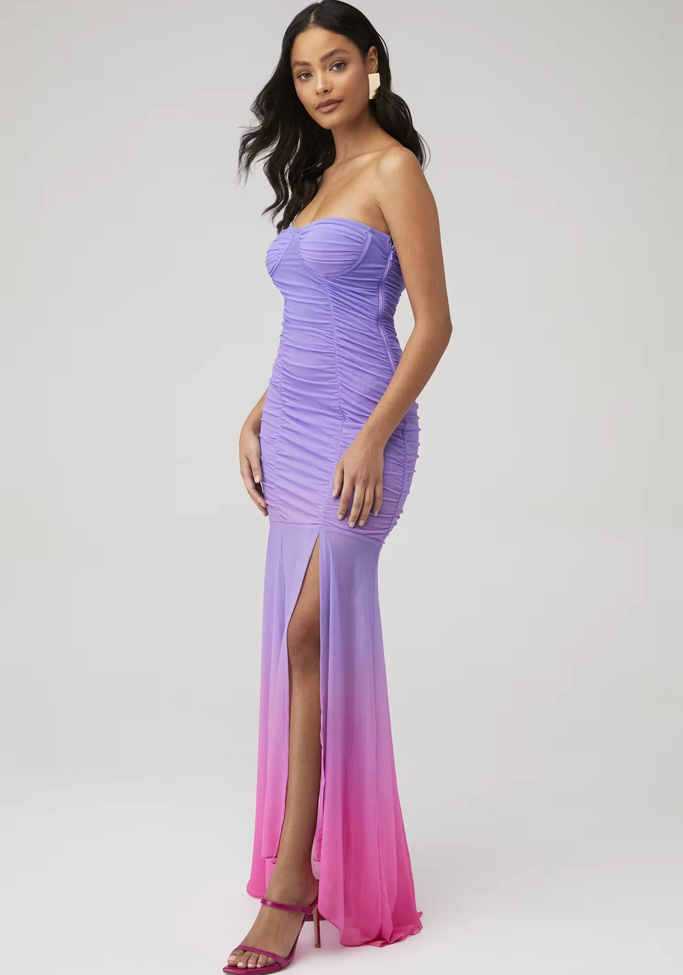 Purple Pink Ombre Strapless Ruched Mesh High Slit Mermaid Floor Length Prom Dress