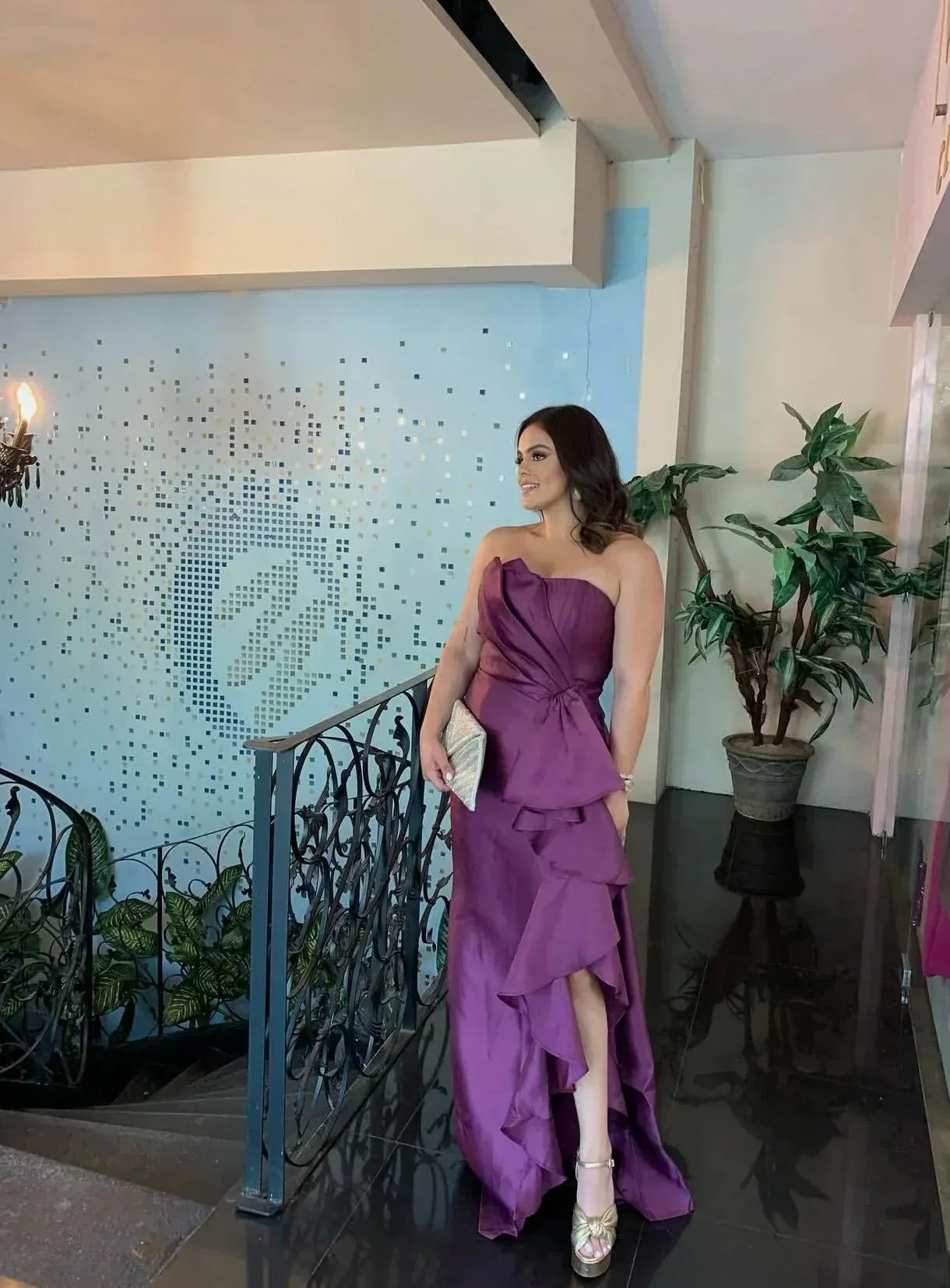 Purple Strapless High Low Prom Dress With Ruffle Skirt Formal Prom Dress