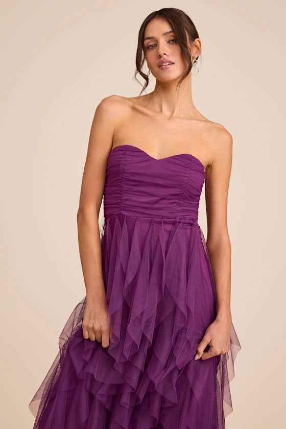 Purple Strapless Prom Dress With Sweetheart Neck Ruched Bodice Tiered Ruffle Tulle And A Line Formal Prom Dress