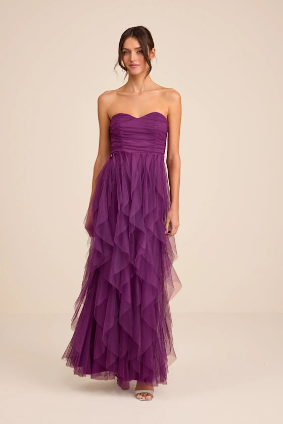 Purple Strapless Prom Dress With Sweetheart Neck Ruched Bodice Tiered Ruffle Tulle And A Line Formal Prom Dress