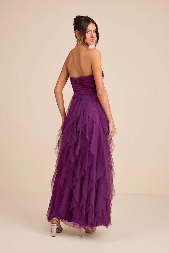 Purple Strapless Prom Dress With Sweetheart Neck Ruched Bodice Tiered Ruffle Tulle And A Line Formal Prom Dress