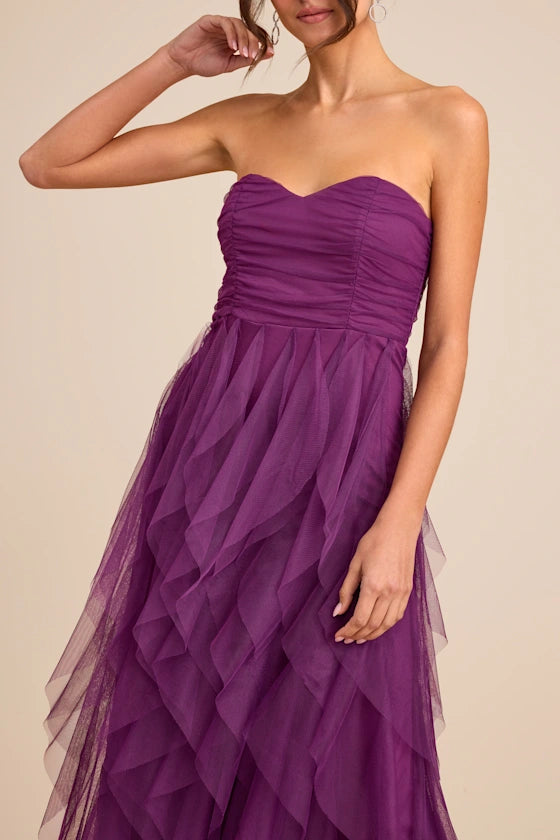 Purple Strapless Prom Dress With Sweetheart Neck Ruched Bodice Tiered Ruffle Tulle And A Line Formal Prom Dress