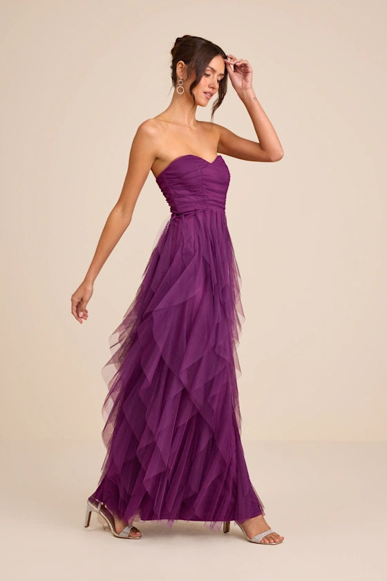 Purple Strapless Prom Dress With Sweetheart Neck Ruched Bodice Tiered Ruffle Tulle And A Line Formal Prom Dress