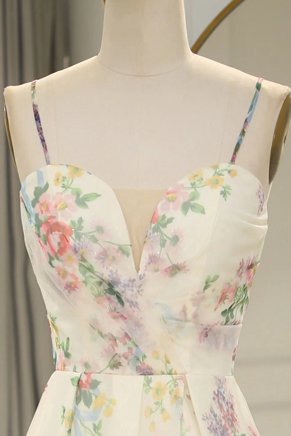 A-Line Print Flower Spaghetti Straps Back Long Prom Dress With Split