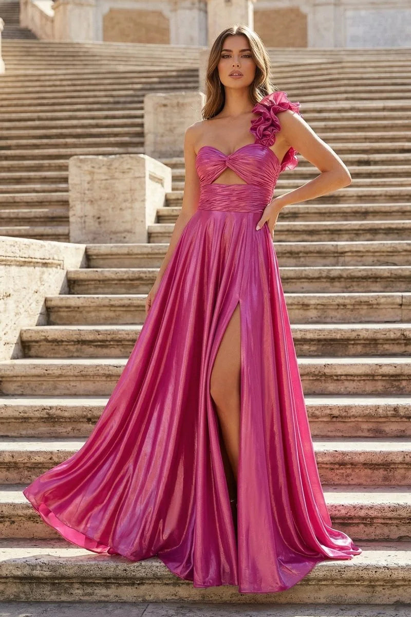 Radiant A-Line One-Shoulder Sleeveless Cutout Slit Fuchsia Long Prom Dresses Women