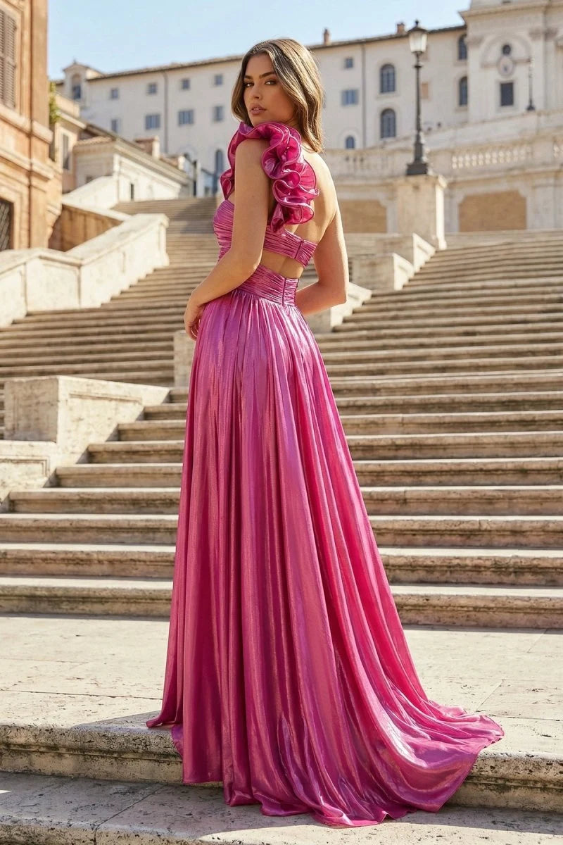 Radiant A-Line One-Shoulder Sleeveless Cutout Slit Fuchsia Long Prom Dresses Women