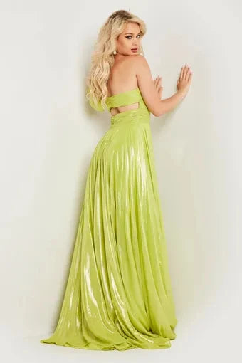 Radiant A-Line One-Shoulder Sleeveless Cutout Slit Lime Long Prom Dresses Women