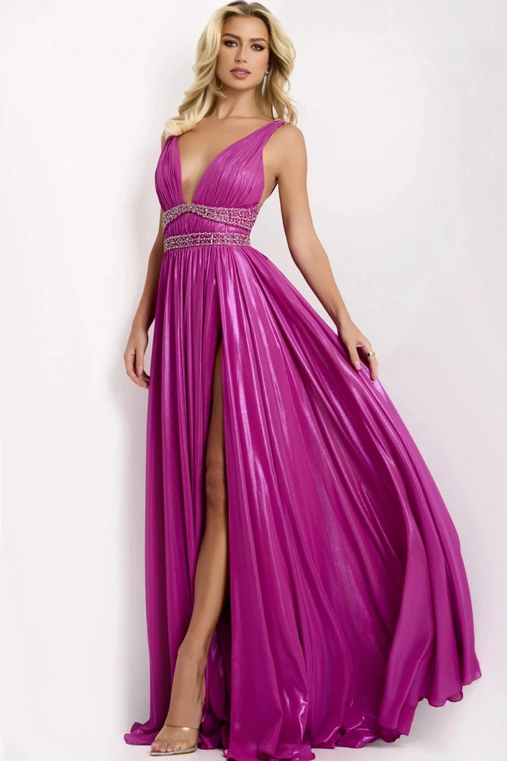 Radiant A-Line Plunging Sleeveless Pleated Slit Magenta Long Prom Dresses For Women