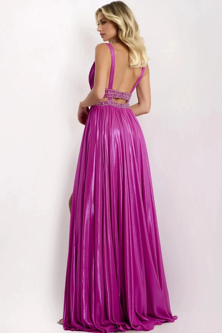 Radiant A-Line Plunging Sleeveless Pleated Slit Magenta Long Prom Dresses For Women