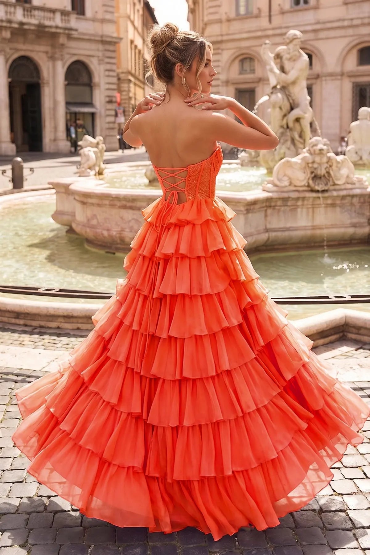 Radiant A-Line Strapless Sleeveless Corset Tiered Orange Long Prom Dresses Women