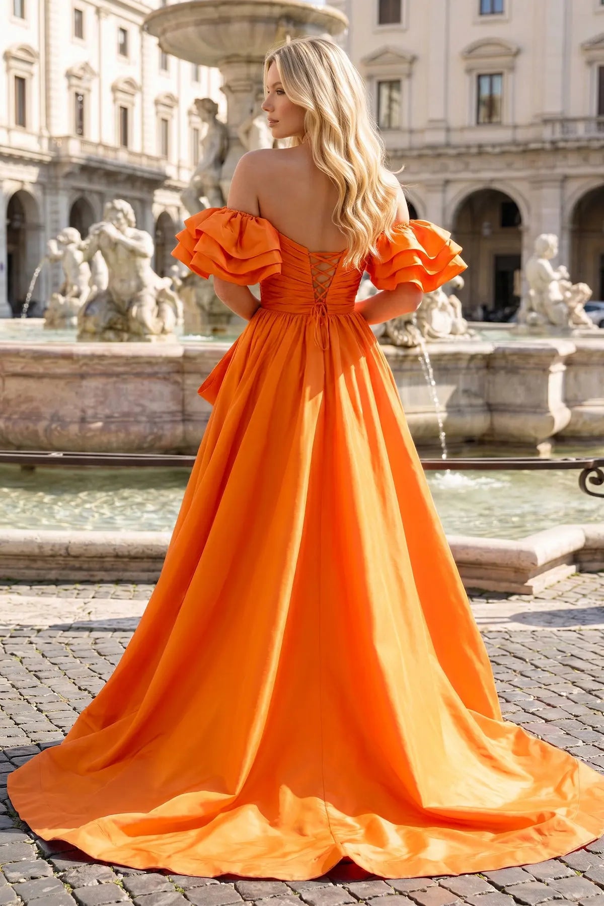 Radiant A-Line Sweetheart Ruffled-Sleeve Bow Slit Orange Long Prom Dresses Gown