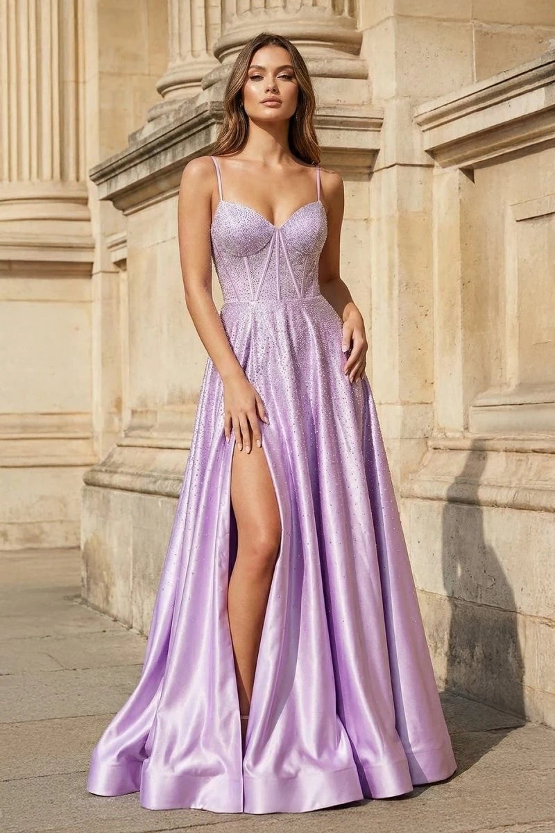Radiant A-Line Sweetheart Sleeveless Corset Slit Lilac Maxi Prom Dresses Women