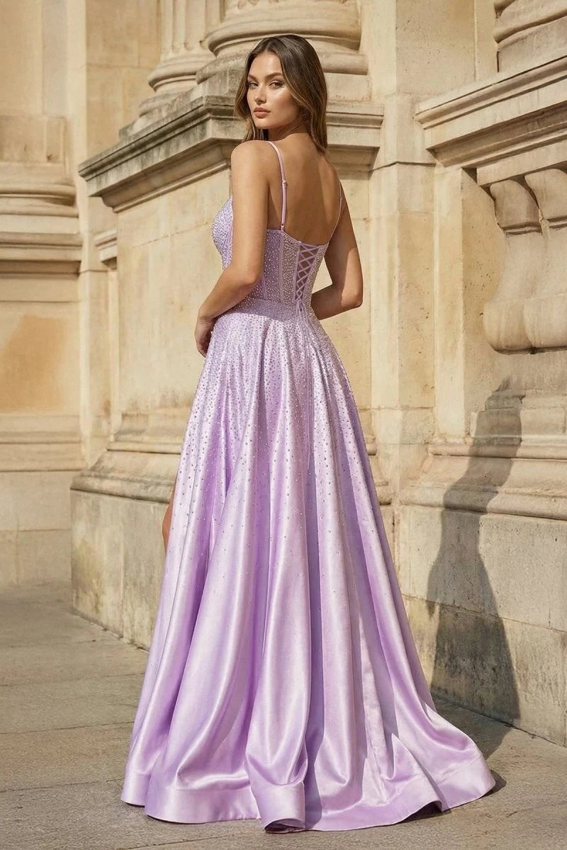 Radiant A-Line Sweetheart Sleeveless Corset Slit Lilac Maxi Prom Dresses Women