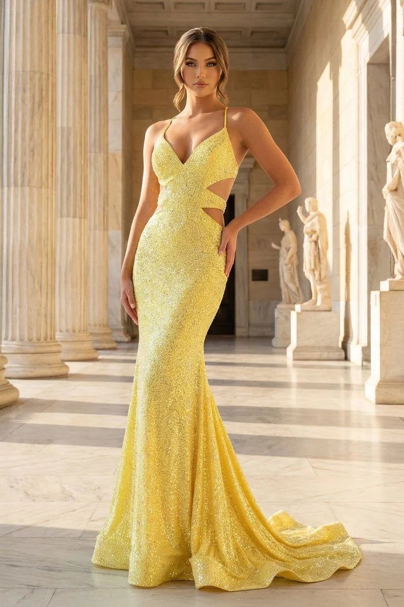 Radiant Mermaid V-Neck Sleeveless Cutout Backless Yellow Long Prom Dresses Women