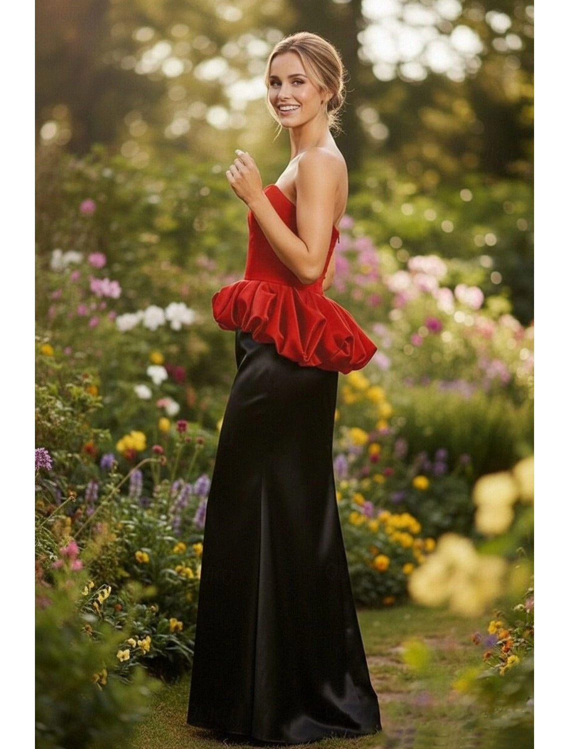 Red And Black Two Tone Strapless Mermaid Prom Dress With Peplum Hem
