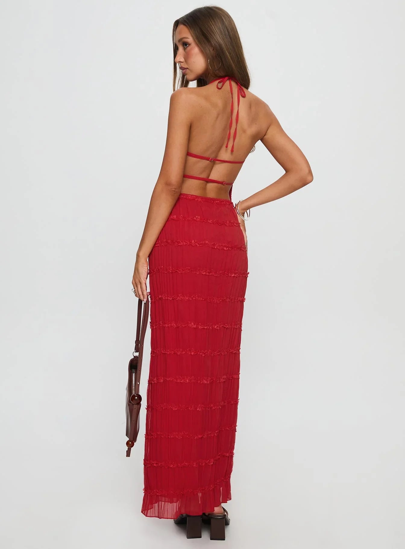 Red Halter Prom Dress with Tiered Ruffles and Open Back for Formal Events and Prom Nights