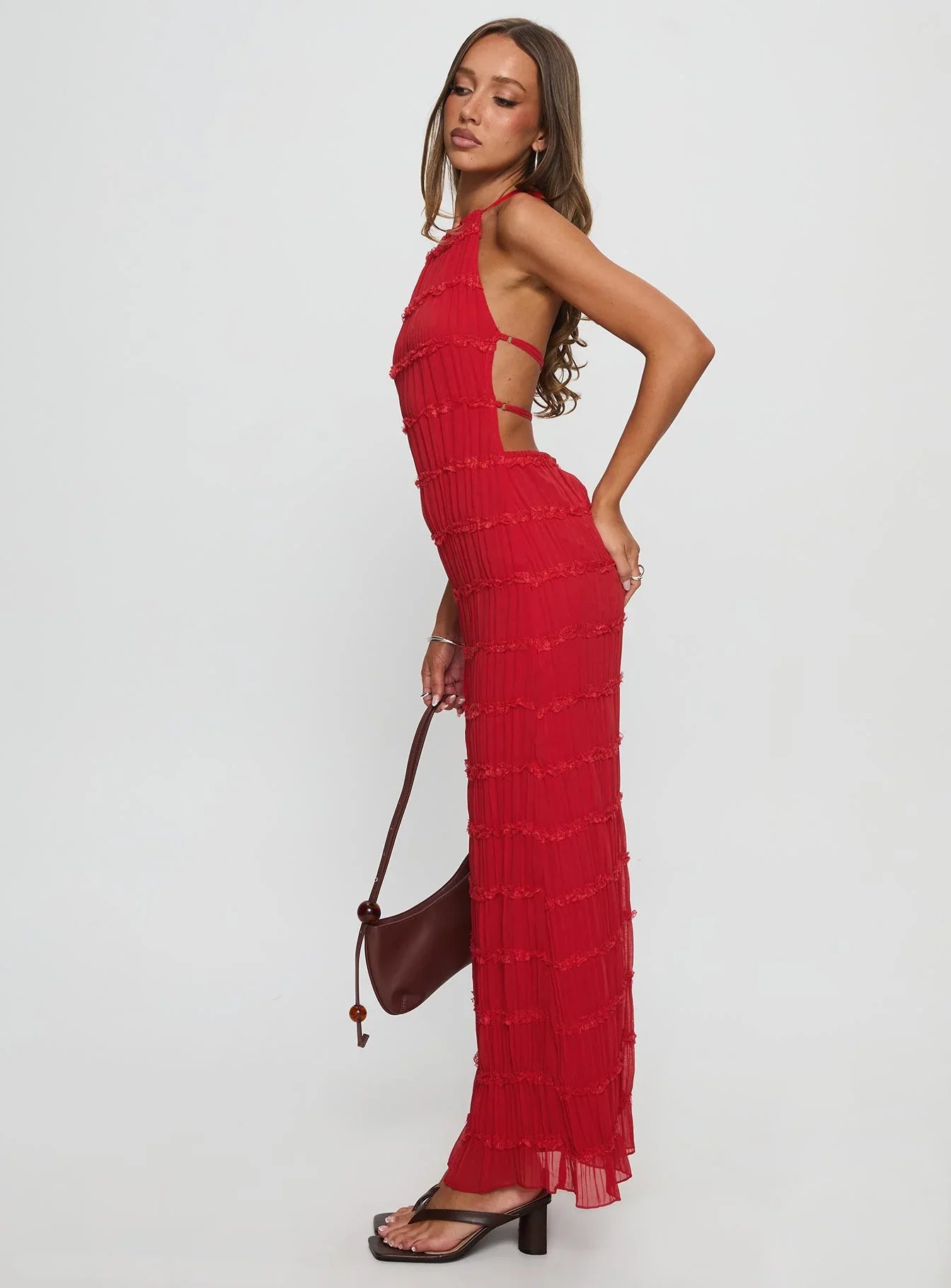 Red Halter Prom Dress with Tiered Ruffles and Open Back for Formal Events and Prom Nights