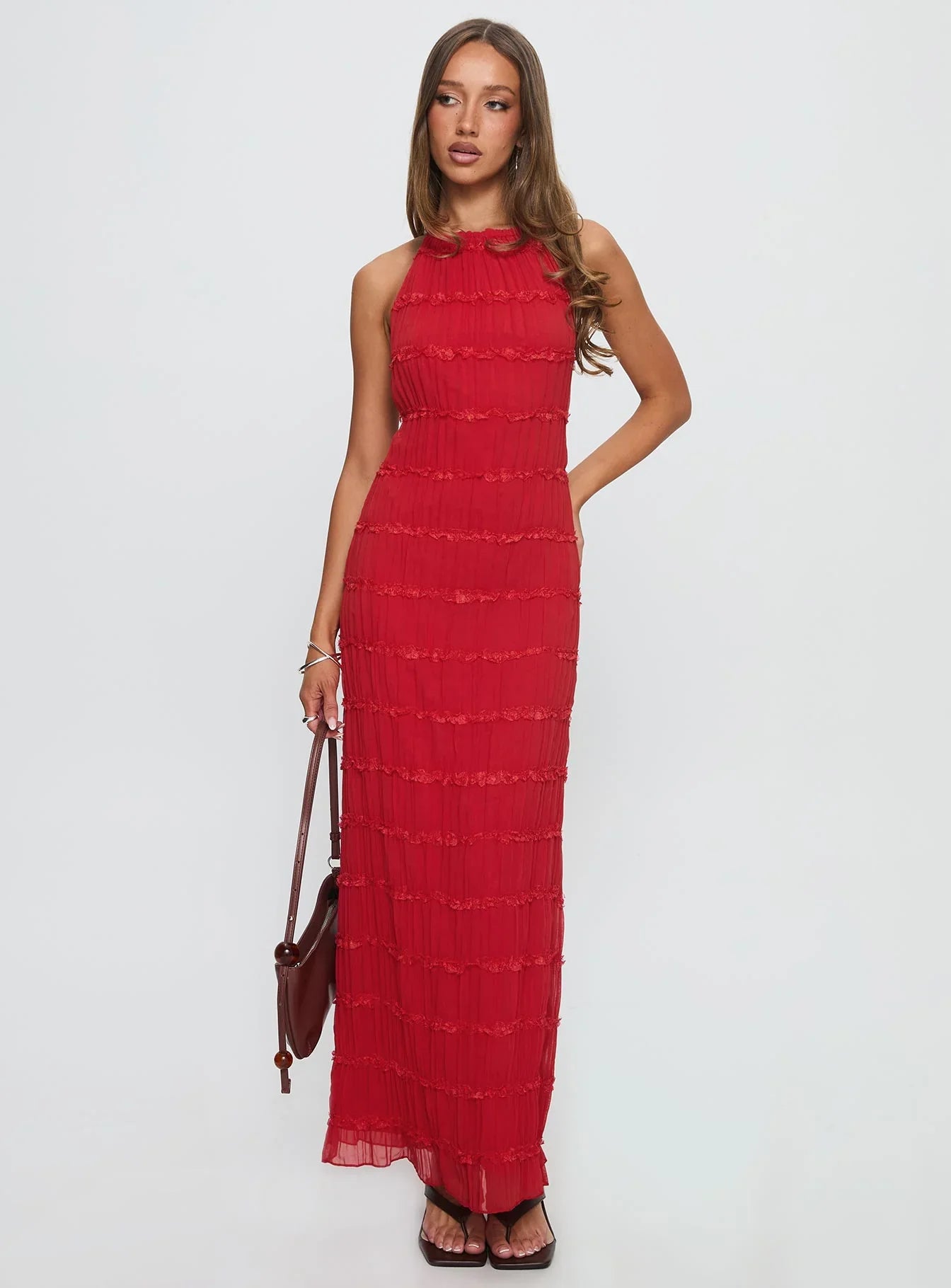 Red Halter Prom Dress with Tiered Ruffles and Open Back for Formal Events and Prom Nights
