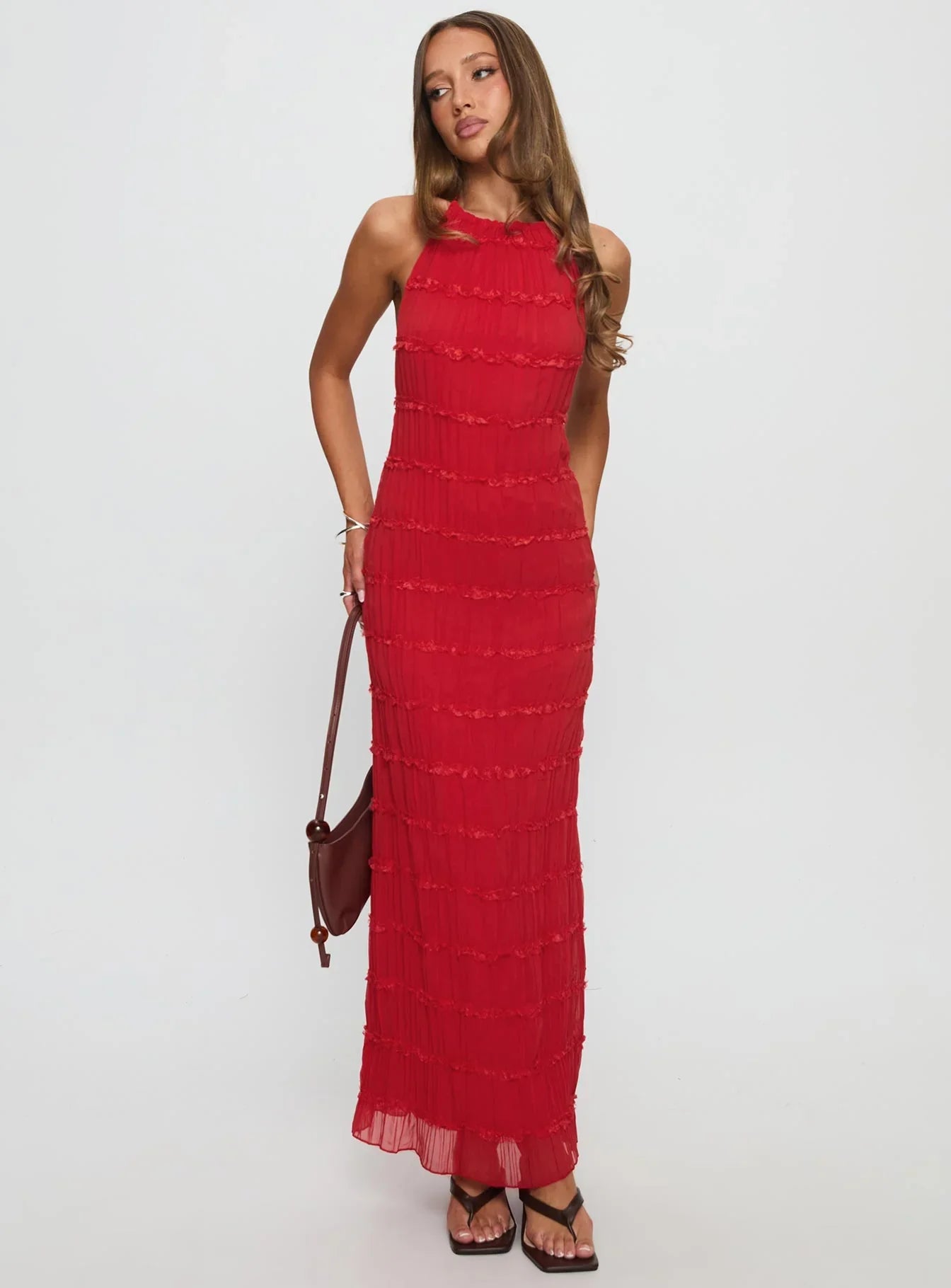 Red Halter Prom Dress with Tiered Ruffles and Open Back for Formal Events and Prom Nights