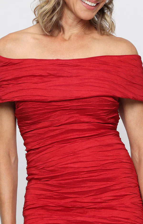 Red Ruched Off The Shoulder Cap Sleeve Back Zipper Floor Length Formal Evening Prom Dress