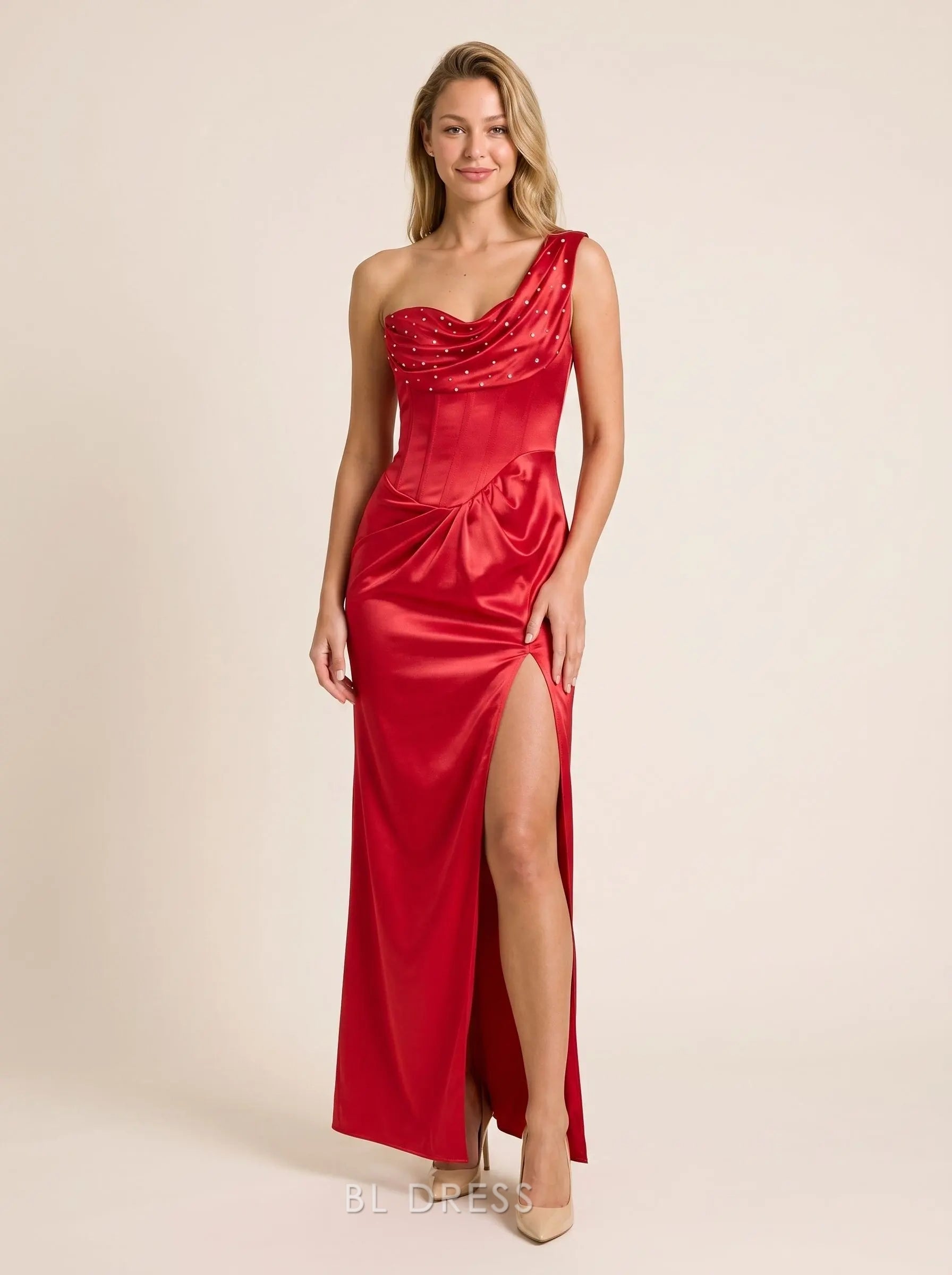 Red Satin Mermaid One Shoulder Draped Rhinestone Open Back High Slit Floor Length Formal Evening Prom Dress