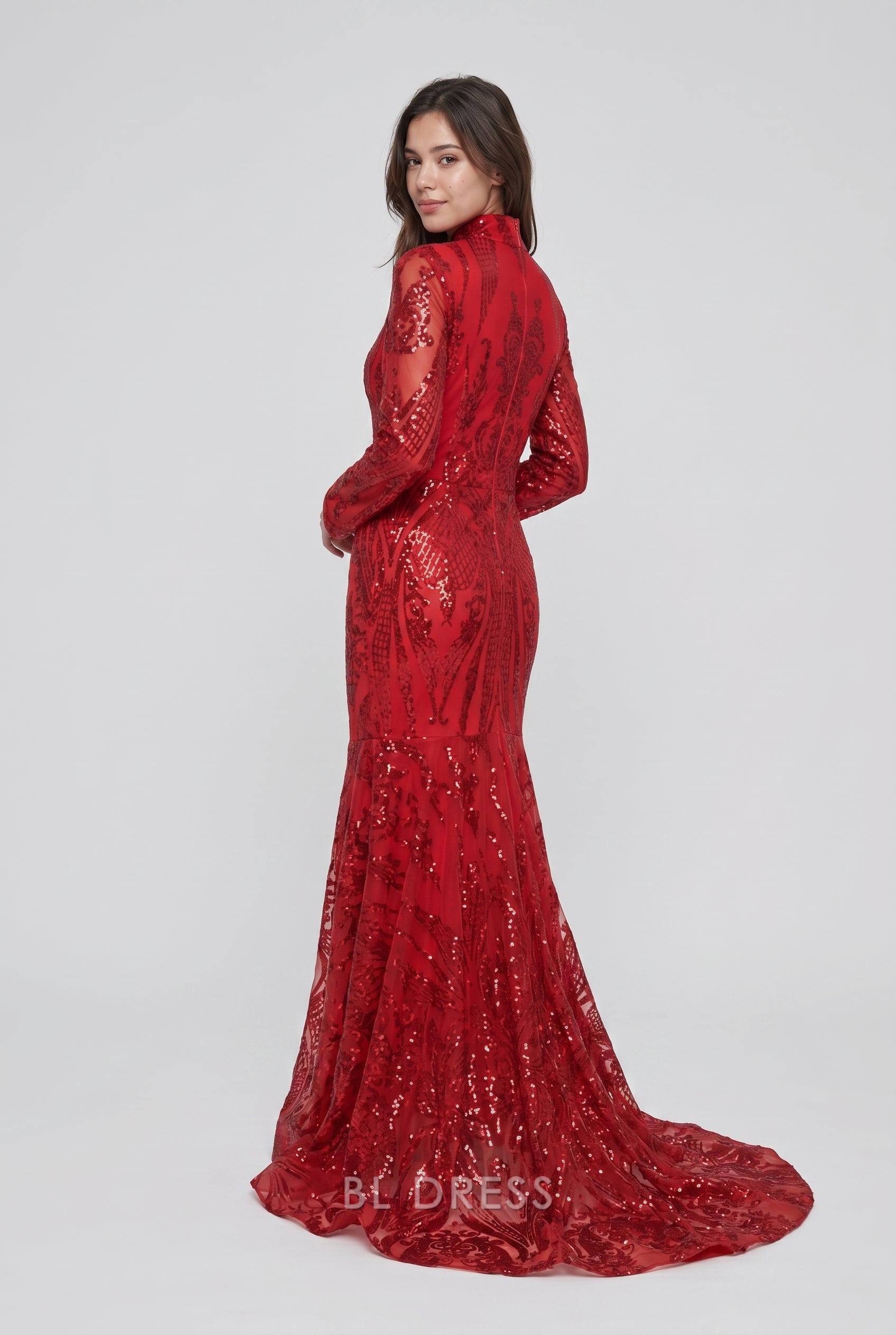 Red Sequin High Neck Keyhole Long Sleeve Mermaid Train Maxi Evening Dress