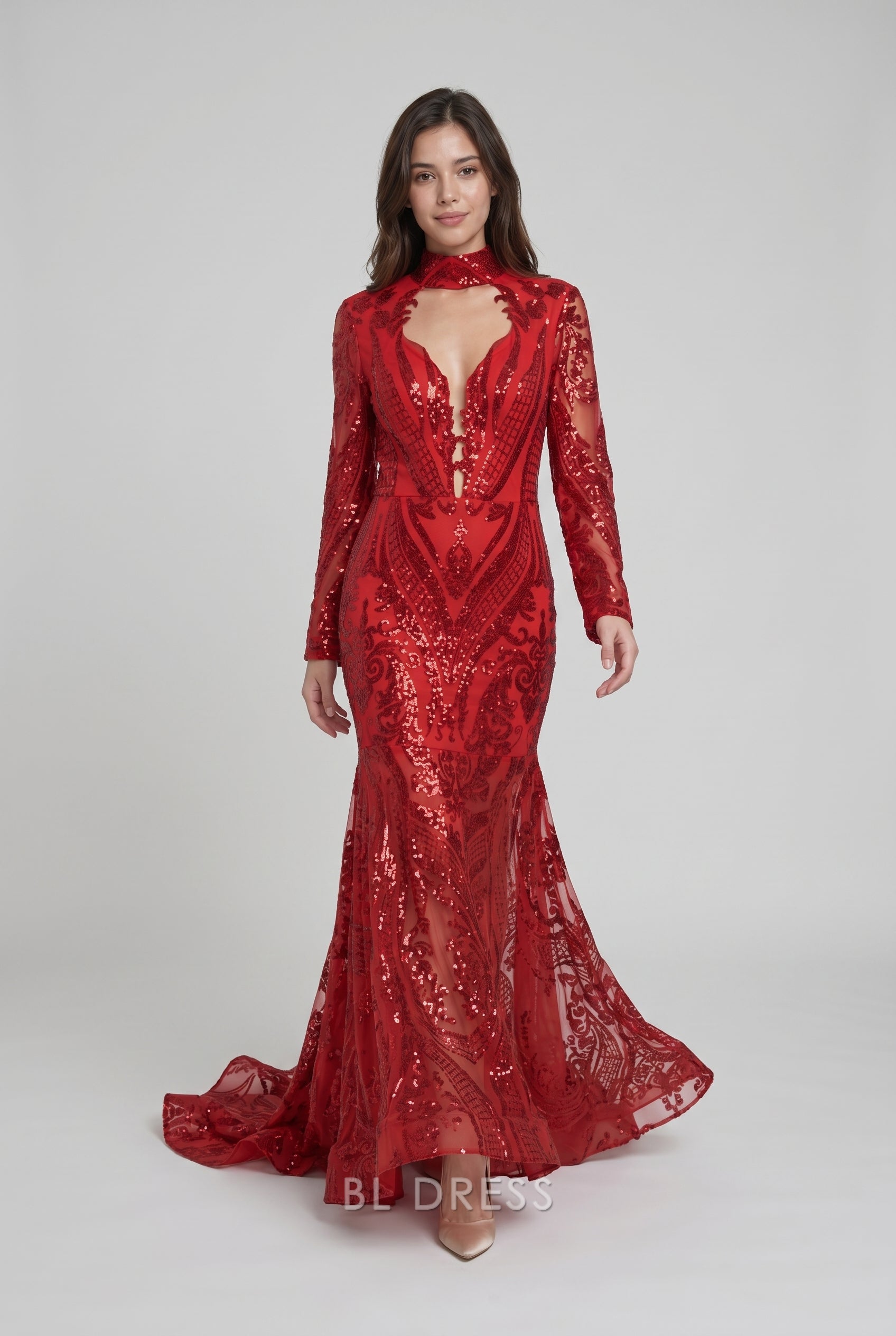 Red Sequin High Neck Keyhole Long Sleeve Mermaid Train Maxi Evening Dress