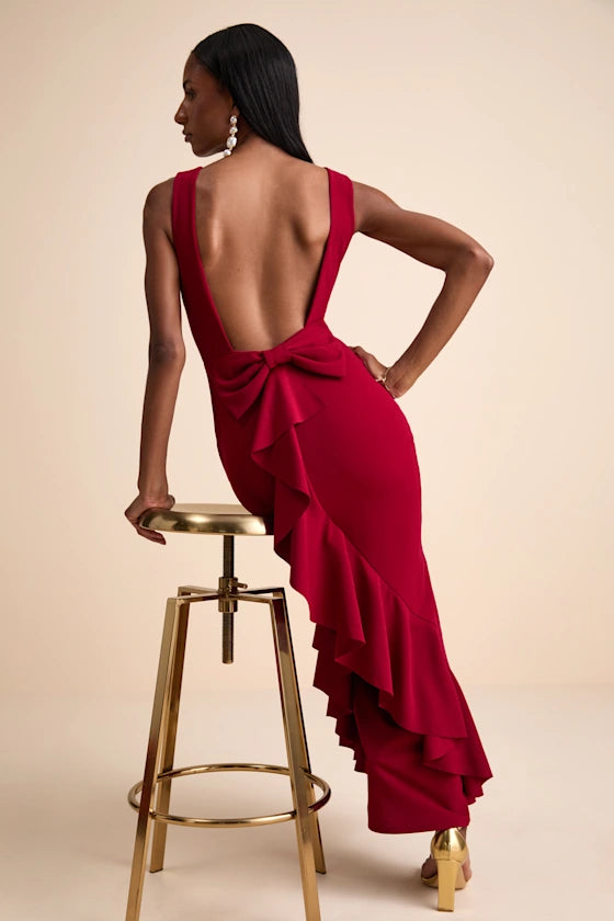 Red Sleeveless Prom Dress With Boat Neckline Open Back Bow Detail And High Low Ruffle Mermaid Formal Prom Dress