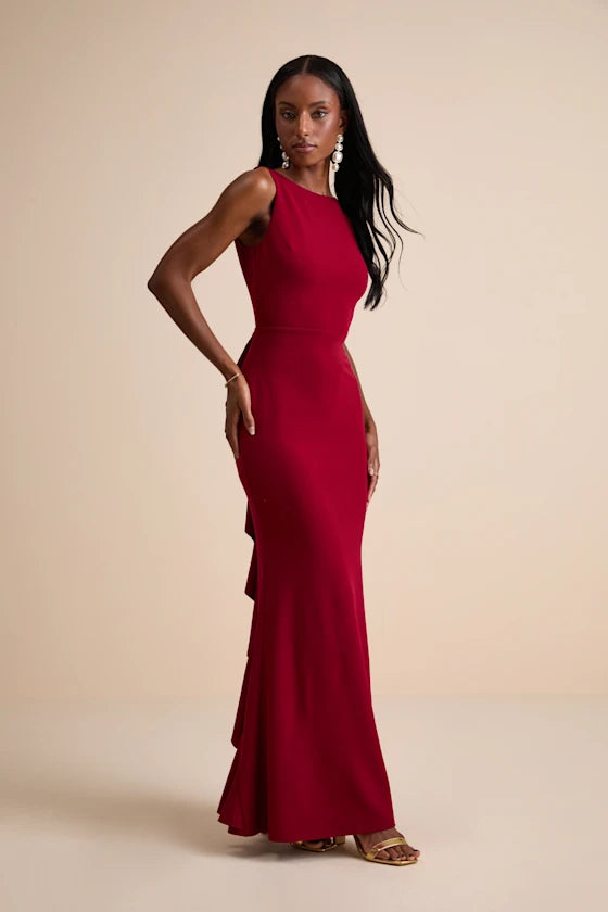 Red Sleeveless Prom Dress With Boat Neckline Open Back Bow Detail And High Low Ruffle Mermaid Formal Prom Dress