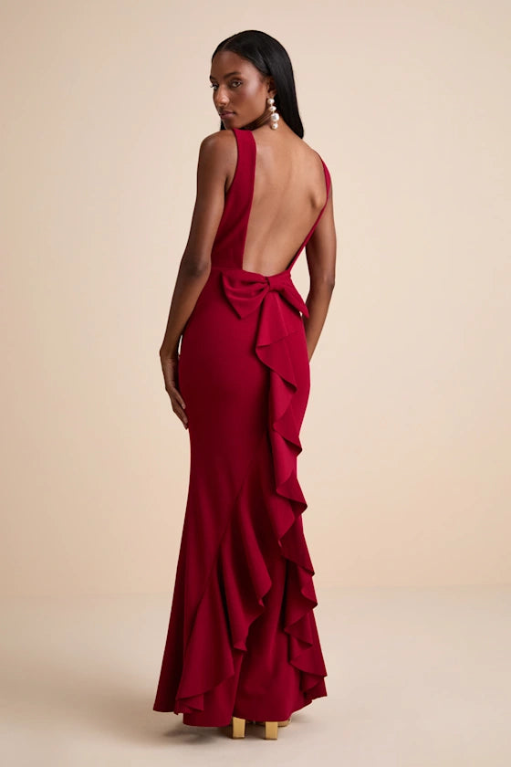 Red Sleeveless Prom Dress With Boat Neckline Open Back Bow Detail And High Low Ruffle Mermaid Formal Prom Dress