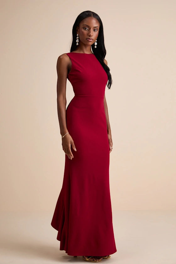 Red Sleeveless Prom Dress With Boat Neckline Open Back Bow Detail And High Low Ruffle Mermaid Formal Prom Dress