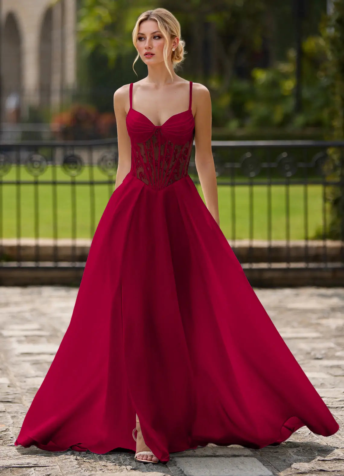 Red Spaghetti Strap Prom Dress With Sweetheart Neck Lace Corset Bodice Lace Up Back High Slit And Chiffon A Line Formal Prom Dress