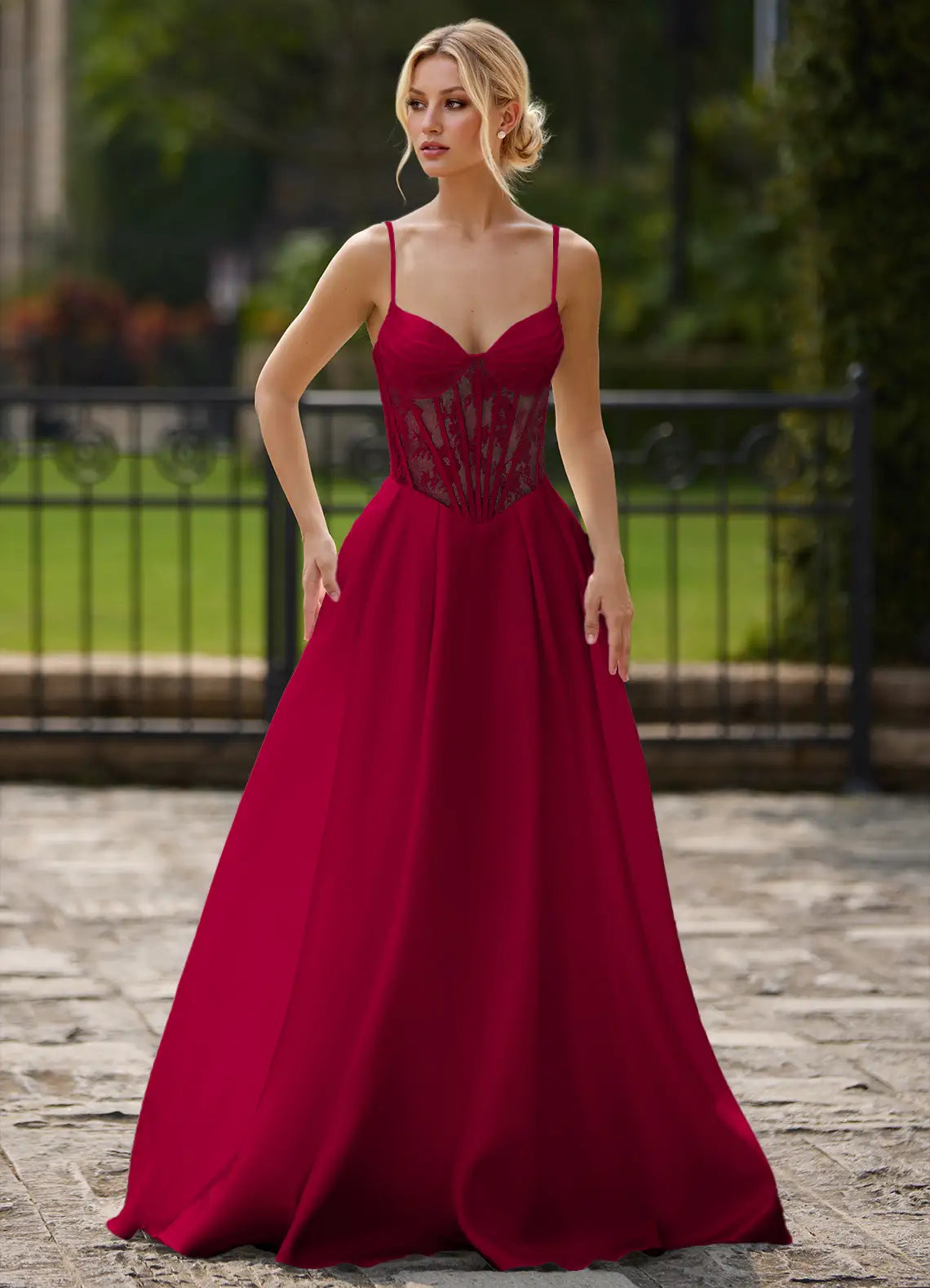 Red Spaghetti Strap Prom Dress With Sweetheart Neck Lace Corset Bodice Lace Up Back High Slit And Chiffon A Line Formal Prom Dress