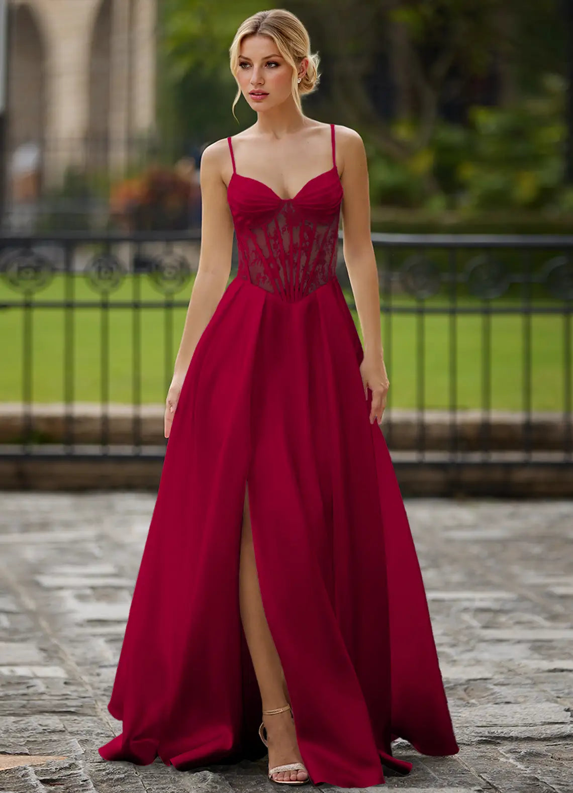 Red Spaghetti Strap Prom Dress With Sweetheart Neck Lace Corset Bodice Lace Up Back High Slit And Chiffon A Line Formal Prom Dress