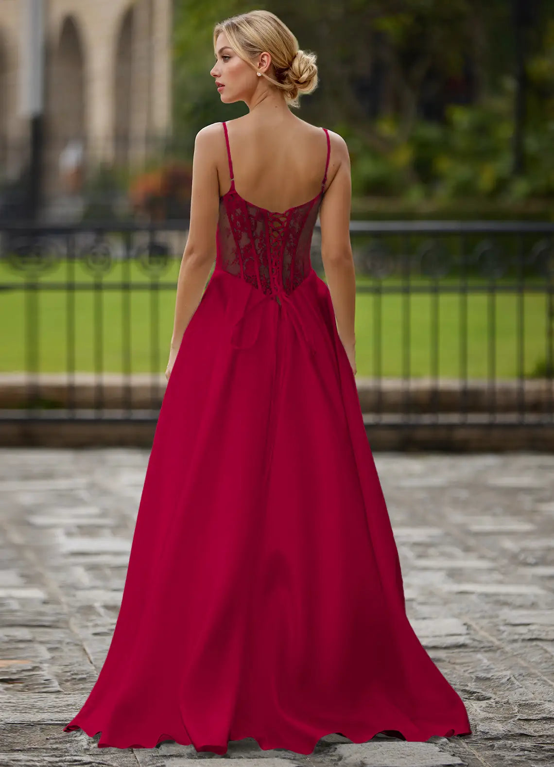 Red Spaghetti Strap Prom Dress With Sweetheart Neck Lace Corset Bodice Lace Up Back High Slit And Chiffon A Line Formal Prom Dress