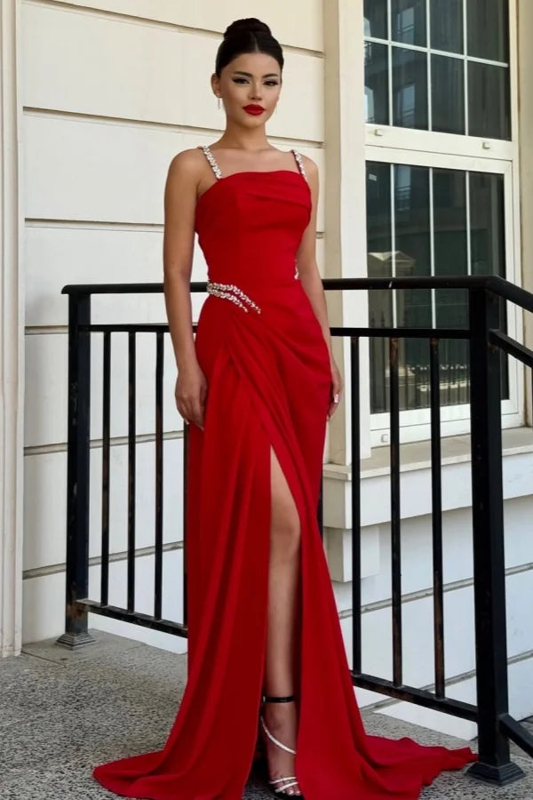 Red Spaghetti Strap Rhinestone Trim Draped High Slit Mermaid Long Formal Evening Prom Dress