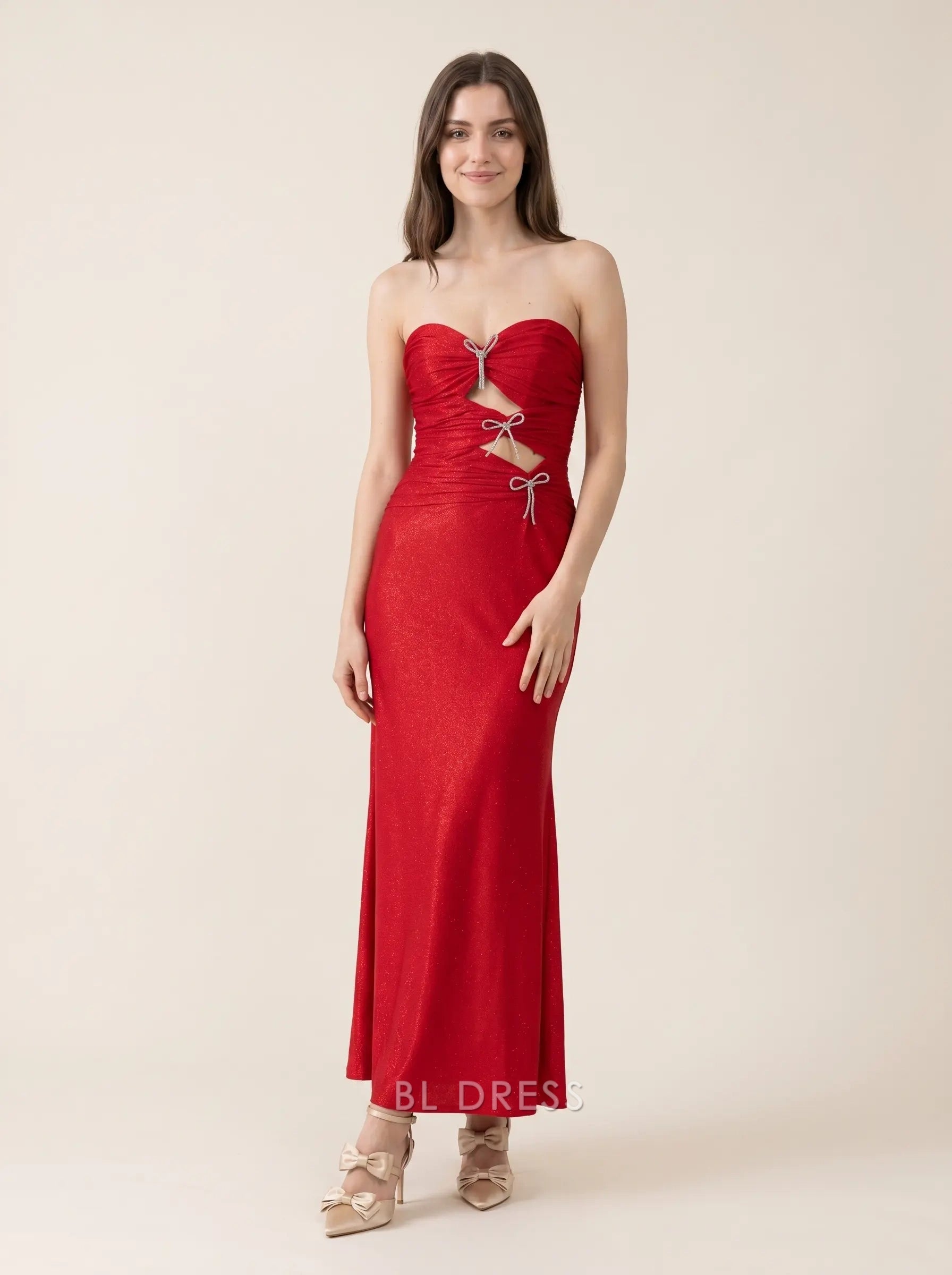 Red Strapless Sweetheart Neck Cutout Rhinestone Bow Accent Shimmer Jersey Floor Length Formal Evening Prom Dress